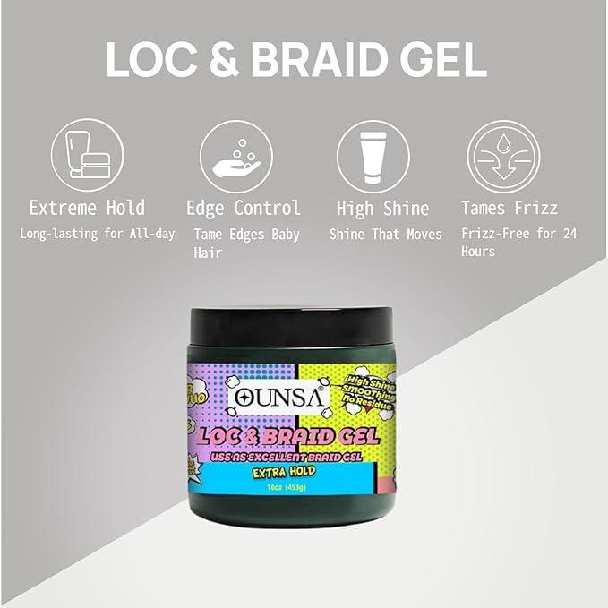 OUNSA Braid Gel for 4C Hair (16oz) - Extreme Hold Braiding Hair Gel, Edge Control, No Flaking, Non-Greasy & Tames Frizz - Loc Gel for All Hair Types 16oz