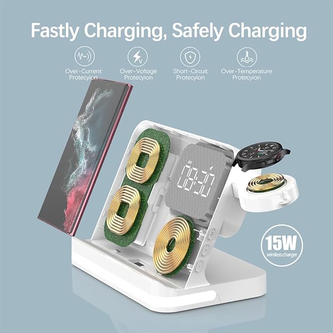 AYI 4in1 Multi Functional Wireless Charging Station with Digital Alarm Clock 15W Fast Charger Night Light Wireless Charger for All Qi Phone and Earbud Headphone Compliant with i-Watch-B22 White
