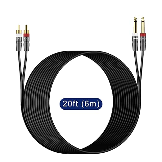 J&D Dual 1/4 inch TS to Dual RCA Cable, Heavy Duty 1/4 Male to RCA Male Adapter Stereo Audio Interconnect Quarter inch Cable, 20 Feet