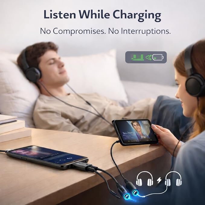 Mizi USB C to Dual 3.5mm Headphone Splitter, 2-Port Audio Adapter for iPhone 15/16/17 Pro, Galaxy S24/S25 Ultra, Pixel, iPad Pro - Share Music & Podcasts - Black