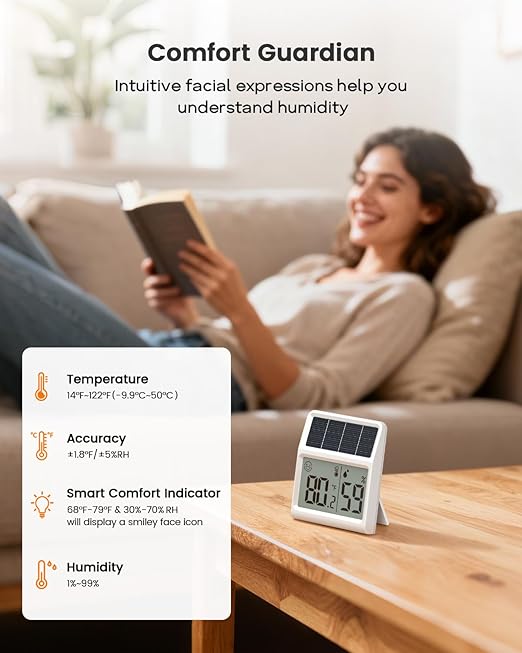 Digital Indoor Thermometer & Hygrometer, Light Powered (No Rechargeable Batteries Runs Only on Real-time Light Exposure) Solar Indoor Temperature and Humidity Monitor, Humidity Gauge