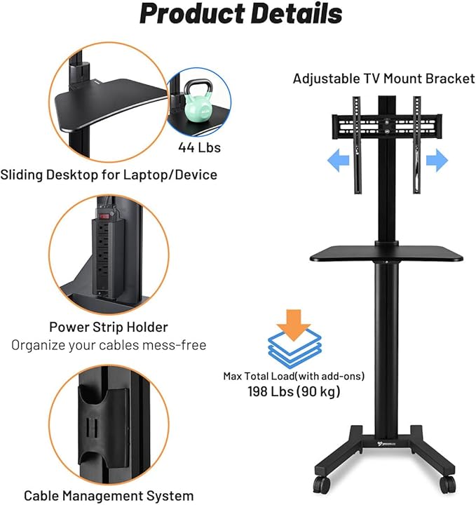 AW Rolling TV Stand Mobile TV Cart Height Adjustable for 32" to 65" LCD LED Screen TVs Office Meeting