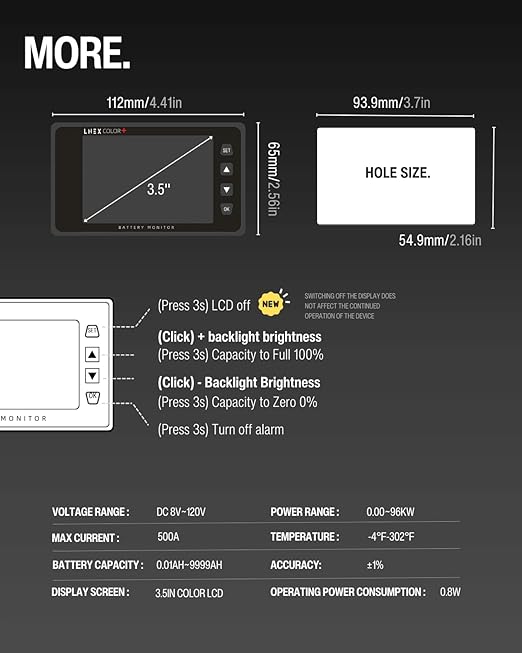 LNEX 500A Battery Monitor with Shunt, 3.5" Color Screen RV Monitor with 16ft Cable, Support High Low Voltage Current Programmable Alarm for 8-120V Lifepo4, Lithium, Gel, Flooded Battery