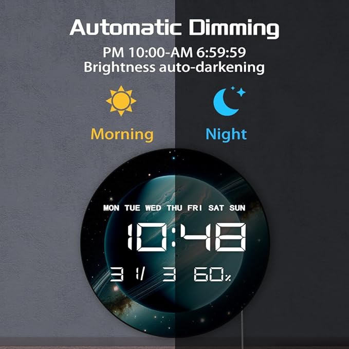 Timethink 12'' Planet Uranus Digital Wall Clock Large Display, Space Solar System Smart Wall Clock Electric Clock with Temperature, Date, 12/24hrs, Automatic Dimming, Plug in LED for Living Room
