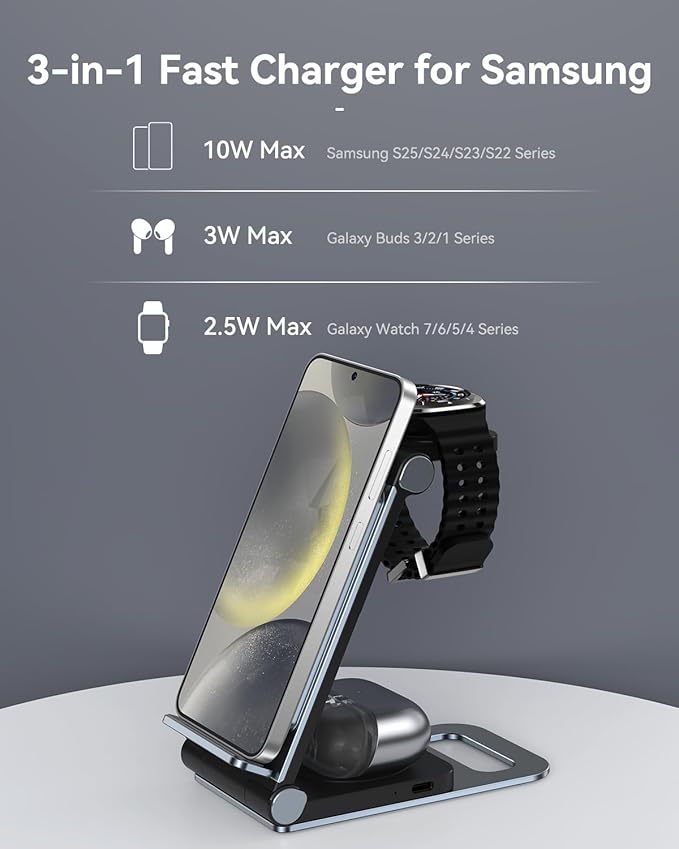 Wireless Charger for Samsung 3 in 1 Wireless Charging Station Foldable Wireless Charger Stand for Samsung S25 Ultra S24 S23 S22 Z Flip Z Fold 7 6 5 4 3 for Galaxy Watch 8/7/6/5/4/ Galaxy Buds