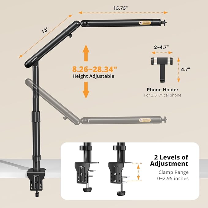 SupeDesk Overhead Camera Mount, Adjustable Desk Mount with Flexible Aluminum Spring Arm, 360° Ball Head, 1/4" 3/8" Screw & Phone Clamp for DSLR Cameras, Light, Heavy Microphones, and Smartphones