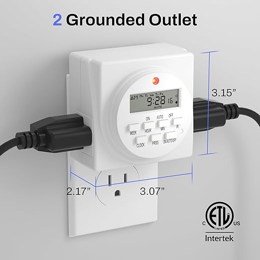 BN-LINK Indoor Digital Timer Outlet, Dual Outlet 7 Day Programmable Light Switch, 3 Prong Plug in Timers for Electrical Outlets, Lamps, Fans, 8 On/Off Programs, 1 Pack, 15A/1875W, ETL Listed