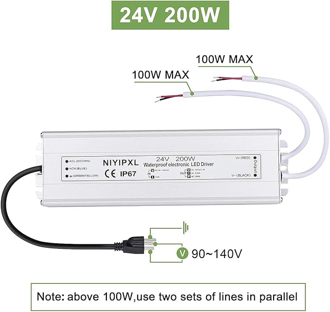 LED Driver 200 Watts 24V DC Low Voltage Transformer， Waterproof IP67 LED Power Supply, Adapter with 3-Prong Plug 3.3 Feet Cable for Any 24V DC led Lights, Computer Project, Outdoor Light