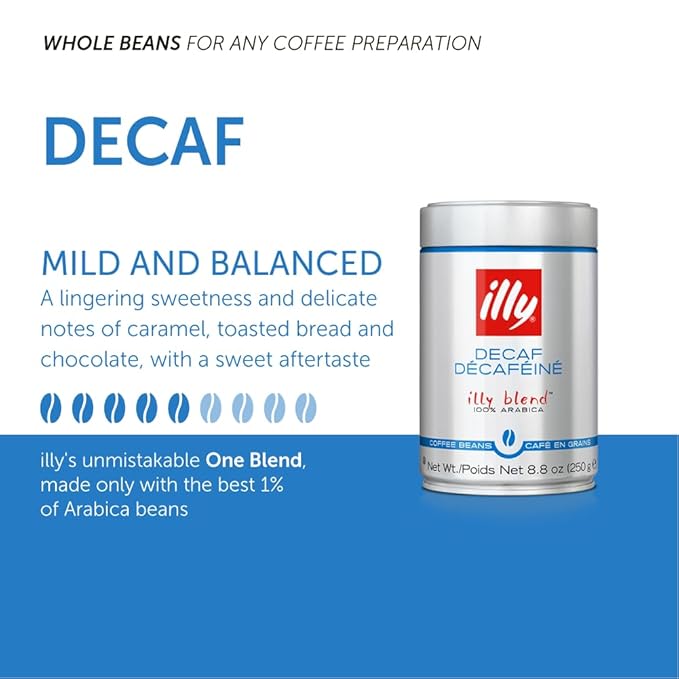 illy Decaf Whole Bean Coffee, Classico Decaffeinated Medium Roast, 100% Arabica, Premium Italian Coffee, Ideal for Espresso, Drip, Moka and French Press Brewing, 8.8oz, 6 Pack