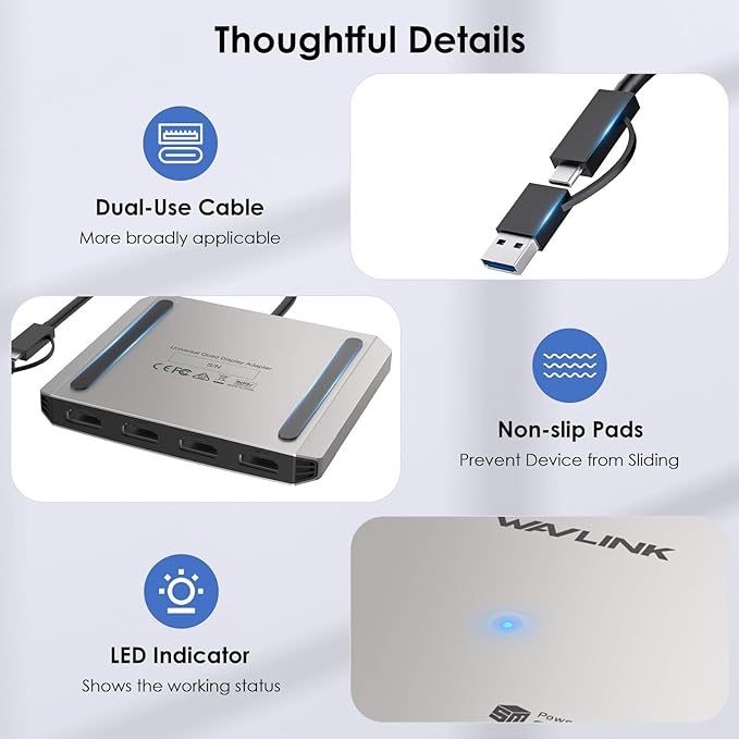 WAVLINK 4-Port HDMI Splitter, USB C to Quad Monitor 4K Adapter, Universal USB A to HDMI Extended Dual Triple Display for Windows, Mac M1/M2/M3/M4 Driver Required