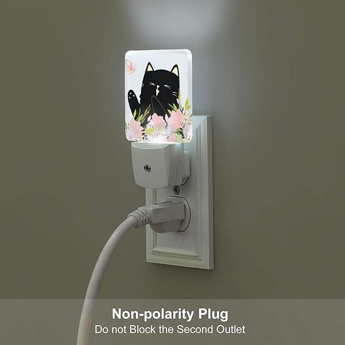 FSHVQKD Black Cat and Flowers Night Light,Plug Into Wall for Boys Girls Bedroom Decorative Square Night Light Lamp 0.5w Sleep Friendly