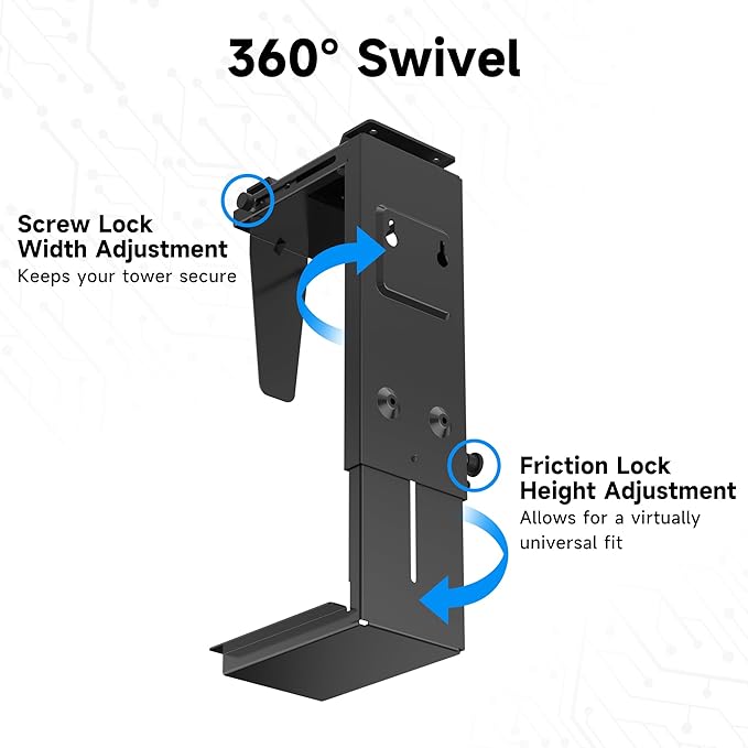 Pholiten Under Desk CPU Mount,Universal PC Wall Mount,3.94 to 11.61 inch Wide Computer Case CPU Hanger Holder,Adjustable 360° Swivel, Secure Lock, Max Load 44Lbs