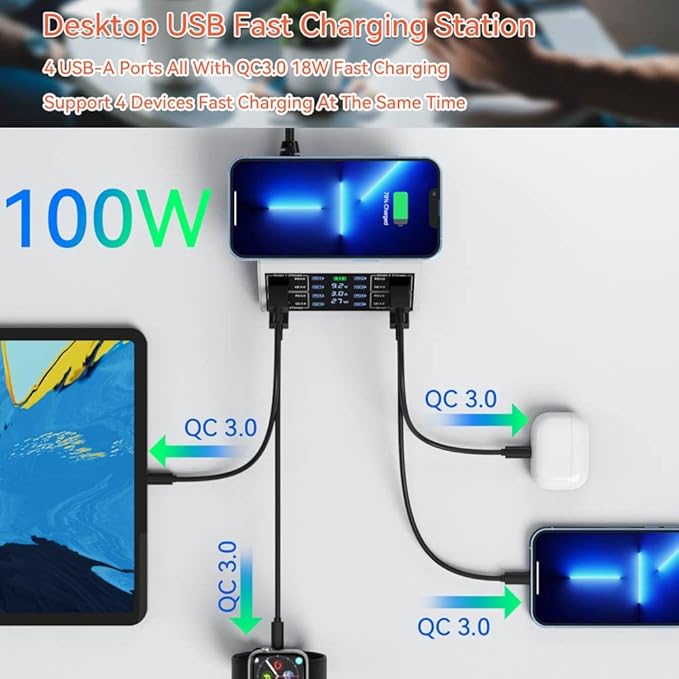 USB Charging Station,100W 8-Port Charging Station for Multiple Devices with 4 QC3.0+4 USB-C PD Ports,Wireless Charger,Multi Fast Charging Hub Charger Station for iPhone,Samsung, iPad
