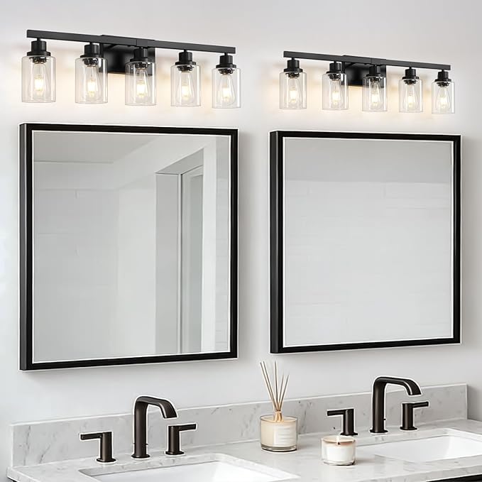 DIKAIDA 5-Light Black Bathroom Vanity Light, Modern Vanity Lighting Fixture for Bathroom, 31" Matte Light Fixture, Wall Sconces with Clear Glass Shade, Black Bathroom Wall Light Over Mirror