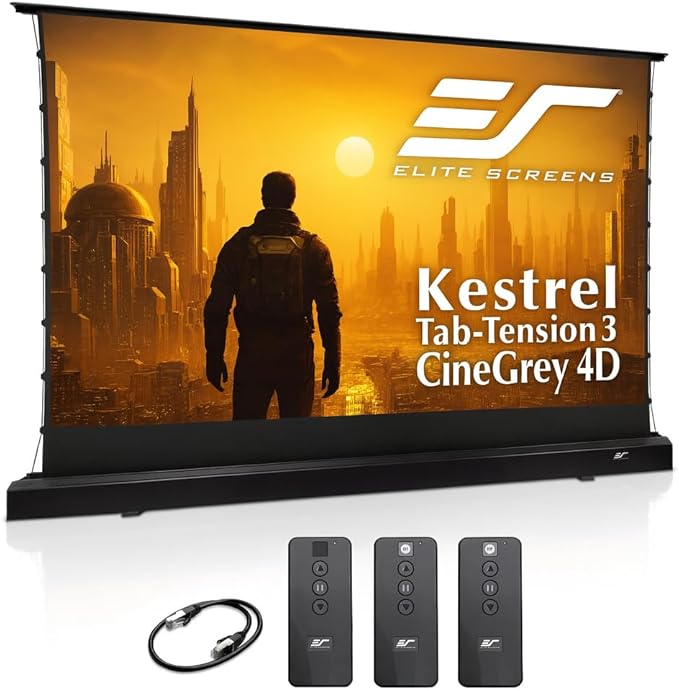 Elite Screens Kestrel Tab-Tension Pro CineGrey 4D, 135" Diag., 16:9 Aspect Ratio, ISF Certified 4K/8K Ultra HD Electric Floor-Rising Motorized Tab-Tensioned Front Projector Screen, FTE135H3-C4D