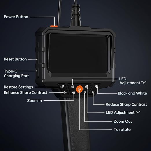 Endoscope with Light and 50ft Semi-Rigid Cable, Handheld Borescope 4.3'' HD 1080P, 8 Adjustable LED Lights, IP67 Waterproof Inspection Camera for Sewer, Gadgets for Men (Single Lens)