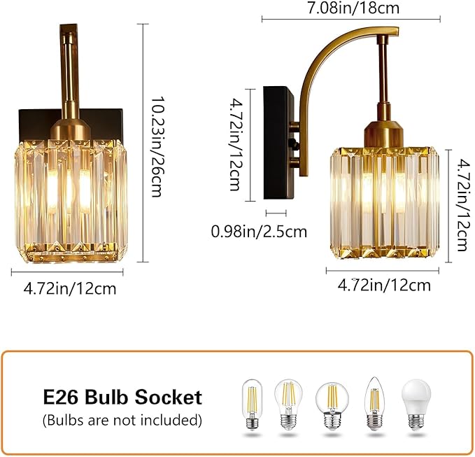 FDPBY Wall Sconces, Set of 2 Black Gold Crystal Vanity Lights, Modern Wall Lamp for Bathroom, Hallway, and Makeup, Easy Installation