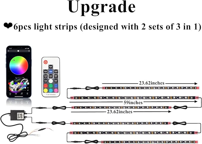 Goodream Car Underglow Kit, 12V 6 pcs RGB Led Lights Strip Neon Ambient Sets with Turn Signal for Cars, SUV, Truck Exterior Chassis Colorful Glow Accessories Controlled by APP, Sync to Music