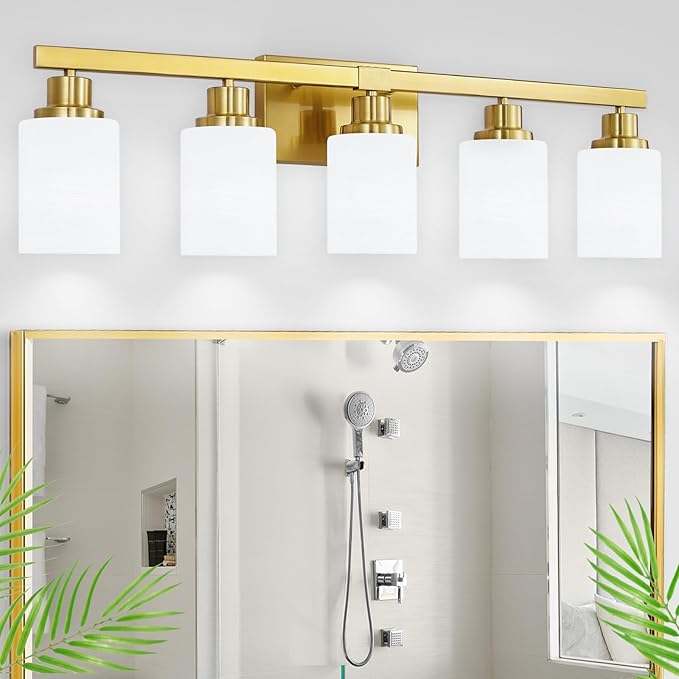 DIKAIDA Gold Bathroom Light Fixtures, 5-Light Modern Brushed Gold Vanity Lighting Fixtures for Bathroom Over Mirror, 30" Gold Sconces Wall Lighting for Bedroom Hallway Living Room