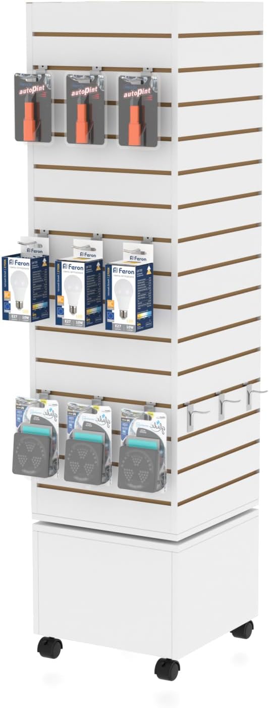 16" W * 16" D * 62" H - White Slatwall Tower, Four Panel Slatwall Retail Fixture, Rotating Retail Display Rack