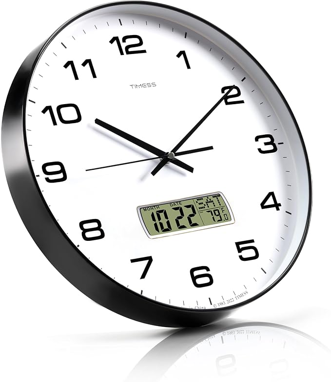 TIMESS Wall Clock, 14" Large Dial Non-Ticking Silent Battery Operated Analog with LCD Display for Perpetual Calendar and F° Temperature, Ideal Modern Home, Bedroom, Office Decor (Black)