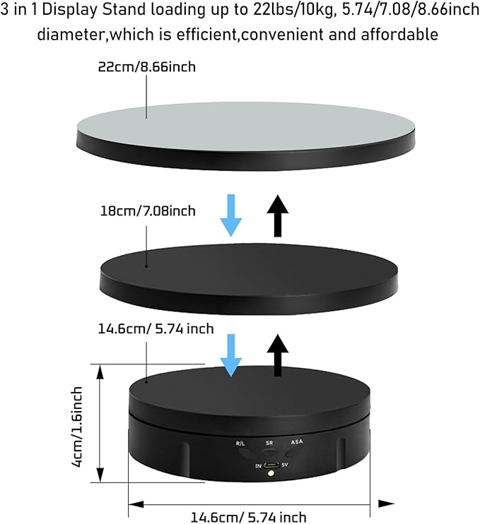 JAYEGT 3 in 1 Motorized Rotating Display Stand with 5.74/7.08/8.66 inch Replacement Mirror Cover， 22lbs Load , 360 Degree Electronic Turntable for Photography Products Shows, Jewelry (Mirror/3 in1 / Black/ NO Remote controller)