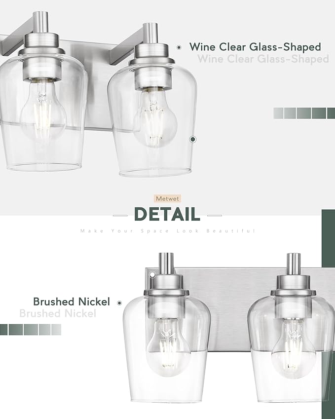 METWET Bathroom Light Fixtures, 4-Light Modern Vanity Light with Clear Glass Wine Glass-Shaped Shade, Vanity Lighting Fixtures Over Mirror, Brushed Nickel, VL155-BN-4