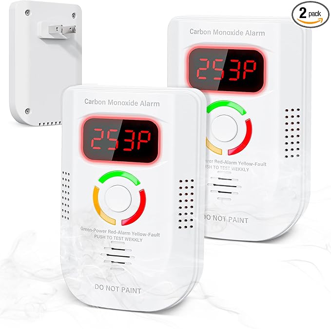 2 Pack Carbon Monoxide Detector, Plug-in Wall Carbon Monoxide Gas Detector, Portable Carbon Monoxide Detector with Digital Display LED, CO Alarm Monitor with Audible and Visual Alarm Test Mute Button