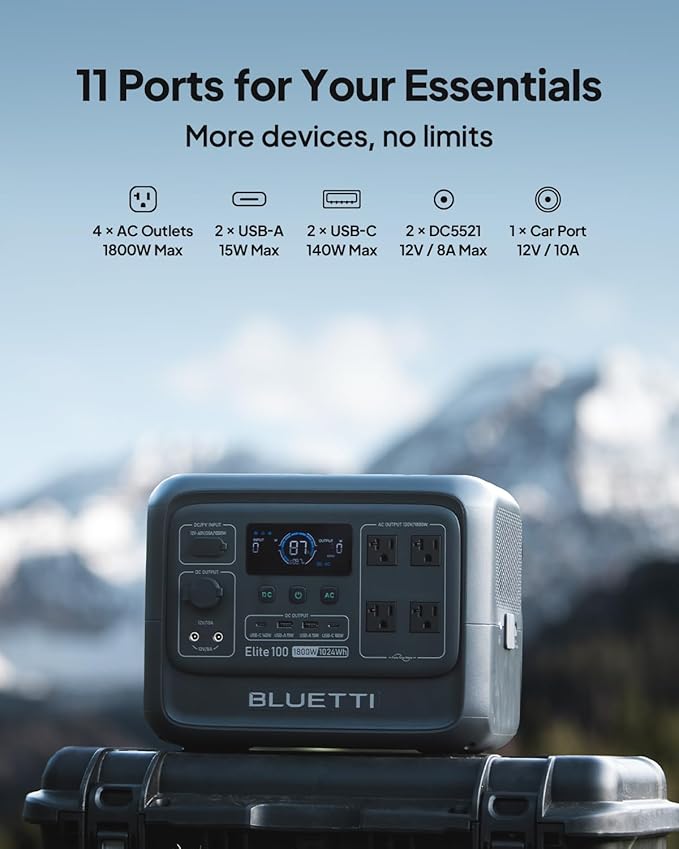 BLUETTI Elite 100 V2 Solar Generator with 200W Solar Panel (Ships Separately), Portable Power Station 1024Wh w/ 4 1800W AC Outlets, 35% Smaller, Ideal for Camping, Emergencies, Backup Power