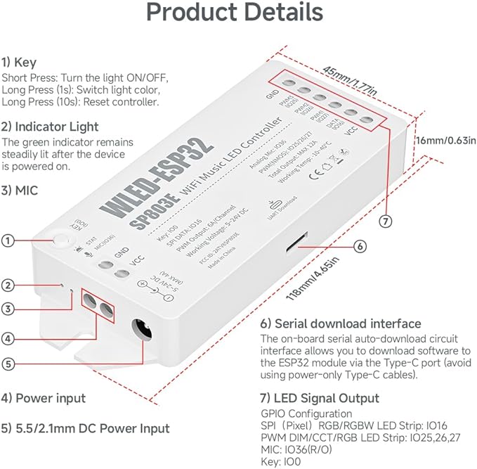BTF-LIGHTING ESP32 WLED LED Strip Controller SP803E Built-in Mic DIY Dynamic Modes UART USB Type-C Download for WS2811,WS2812,SK6812,WS2814,WS2815 Addressable LED Strip/Matrix,PWM Dimming CCT RGB LED