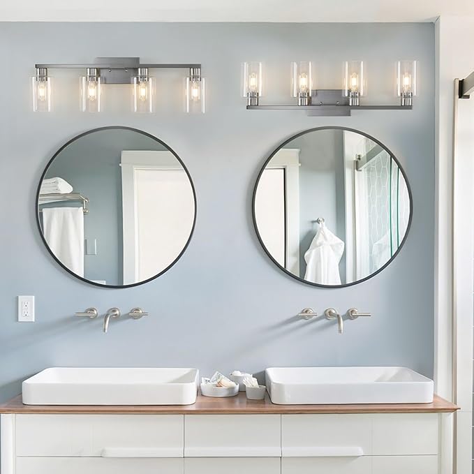 SOPEAS 4 Light Bathroom Light Fixtures, Brushed Nickel Modern Bathroom Vanity Light with Clear Glass Shade, Bathroom Lighting Fixtures Over Mirror, Vanity Lights for Bathroom Mirror
