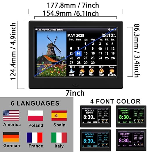 FEYBYLA 2025 New Digital Clock with Temperature/Humidity & Weather Forecast, Auto Time Sync Large Display, Custom Alarms & Medication Reminders, Ideal for Elderly(Black, 7-Inch)