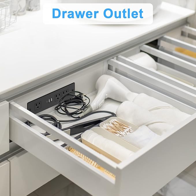 Recessed Power Strip, Furniture Plug in 3 Outlets & Fast Charging 20W PD USB-C Port & 18W/3A QC3.0 USB-A Ports Drawer Outlet with 10 FT Flat Extension Cord, Desk Grommet Outlet for Table Top Black