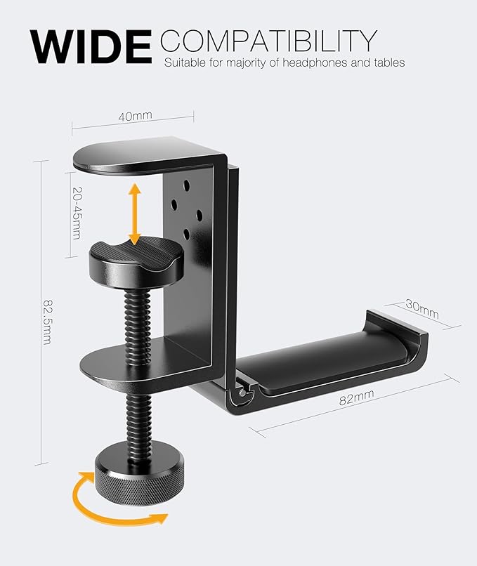 APPHOME New Foldable Headphone Stand Hanger Holder Aluminum Headset Soundbar Stand Clamp Hook Under Desk Space Save Mount, Universal Fit Gaming Headphones, Black