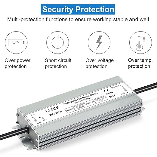 LLTOP LED Driver 60 Watts 100-264V AC to 24V DC 2.5A Power Supply Waterproof Low Voltage Transformer Ultra Thin Converter for Indoor Outdoor LED Lights