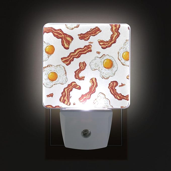 Pigsaly Led Night Light Vintage Bacon Tan Strips Fried Egg Night Light Plug in Wall Lamp Smart Dusk to Dawn Sensor Nightlight Led Lamp Energy Saving Lights Gift for Kids Room Bedroom Bathroom Hallway