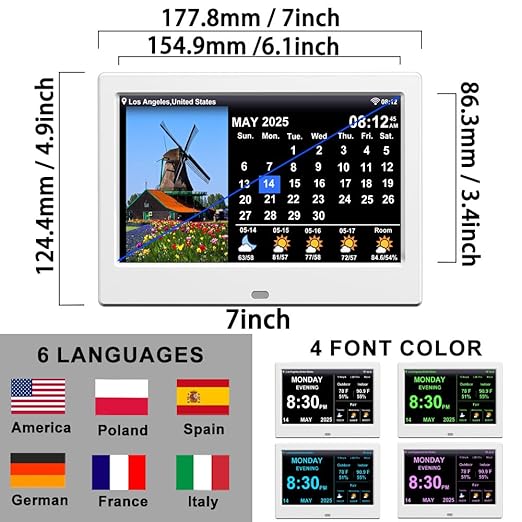 FEYBYLA 2025 New Digital Clock with Temperature/Humidity & Weather Forecast, Auto Time Sync Large Display, Custom Alarms & Medication Reminders, Ideal for Elderly(White, 7-Inch)