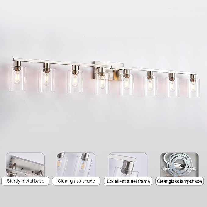 8-Light Brushed Nickel Vanity Light Fixtures,Modern Large Bathroom Light Fixtures Wiht Clear Glass ShadeRust and Moisture Resistant Easy to Install Vanity Lights for bathroom lights over mirror