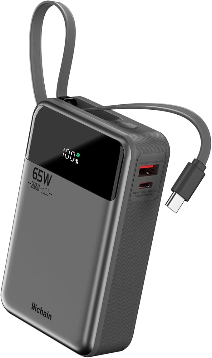 Hichain Laptop Power Bank 65W 20000mAh Portable Charger with Built-in USB-C Cable, 3-Port Fast Charging Battery Pack for MacBook iPhone 17 16/15 Series Android Switch Travel Essential Gray