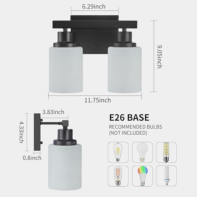 DIKAIDA Bathroom Light Fixtures Over Mirror, 2-Light Modern Matte Black Vanity Lights with White Frosted Glass Shade, Bathroom Wall Lamp Sconces for Mirror Bedroom, Living Room Hallway Small Space