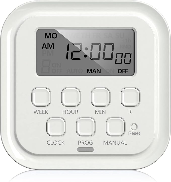 HBN 7 Day Heavy Duty Digital Timer, Dual Outlet, On/Off Programs 3-Prong Programmable Timer, Indoor, for Lamp, Light, Fan, Pets, Home, Kitchen, Office, Appliances, 125V, 15A, 1875W, 60Hz