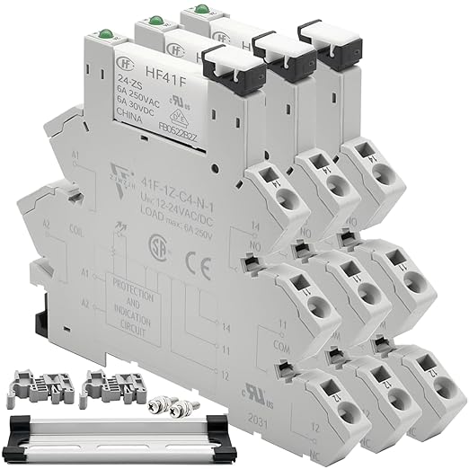 3Pcs 24V Miniature Relay for PLC Controller 24VDC and 24VAC Relay SPDT 6Amp with LED Light Socket 41F-1Z-C4 Spring Terminals Push in Socket No Need for Screw