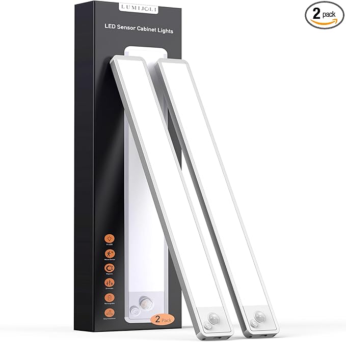 LUMIJOLI 2 Pack Under Cabinet Lighting Wireless 14inch LED Motion Sensor Magnetic Light 2500maAh Rechargeable Indoor Closet Lights for Kitchen, Stairs Cool White