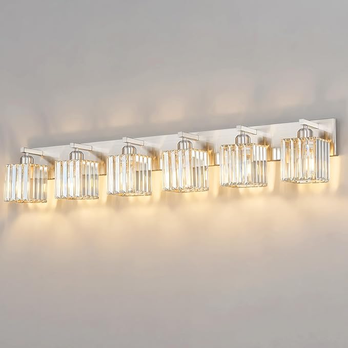 FDPBY Modern Vanity Light 6-Lights Brushed Nickel Vanity Light Crystal Bathroom Wall Light Bathroom Light Fixtures