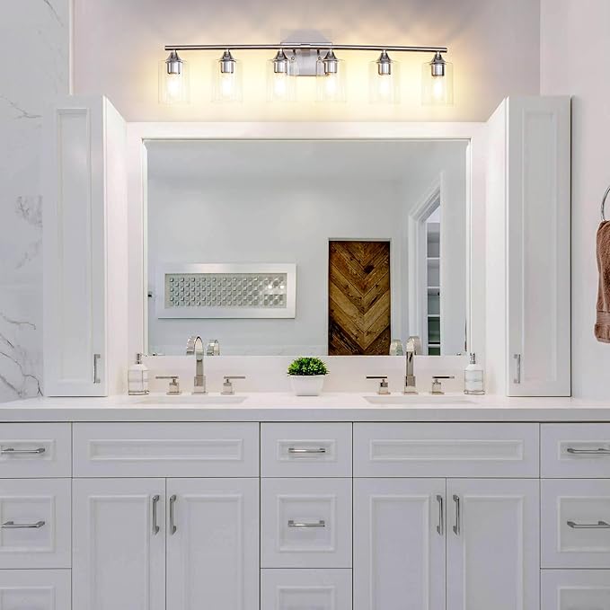 XPEHK 6-Light Bathroom Lighting Fixtures Over Mirror,Brushed Nickel Light Fixture Bathroom,Vanity Light with Clear Glass Shade,Modern Wall Lights for Mirror Bedroom Living Hallway