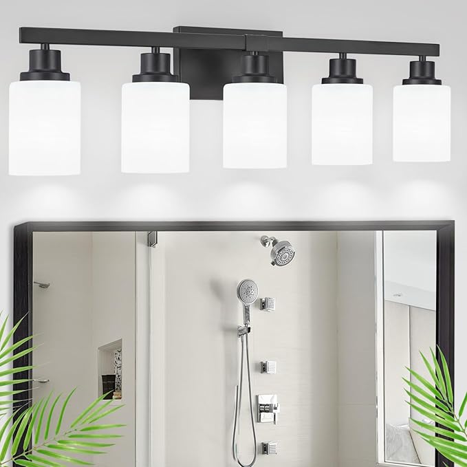 DIKAIDA Bathroom Vanity Light, 5-Light Vanity Lighting Fixture Over Mirror for Bathroom, 30" Matte Black Wall Light Fixture, Wall Sconces with Frosted Glass Shade for Mirror Bedroom Living Room