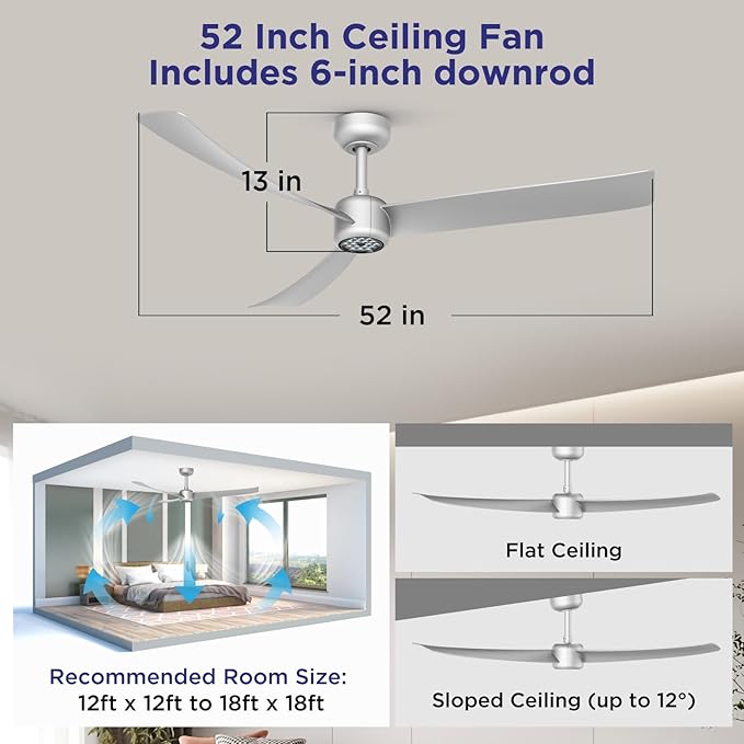 ocioc Ceiling Fans with Lights,52 Inch Low Profile Ceiling Fan with Remote,Quiet Reversible DC Motor,Dimmable LED,6 Speeds,Modern Ceiling Fan for Bedroom,Living Room(Silver)