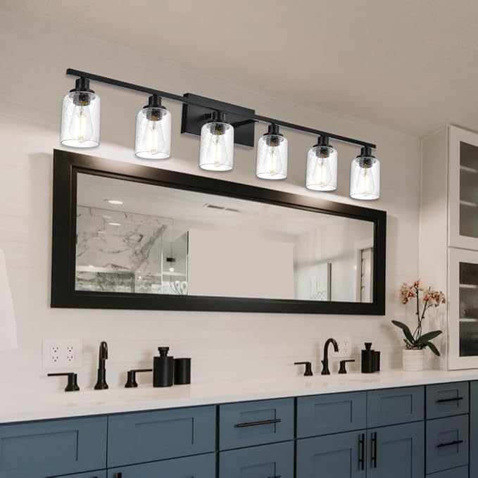 WINSHEN 6-Light Seeded Glass Vanity Light Fixtures in Matte Black Finish, 45.3 Inches Length Modern Bathroom Wall Lighting Over Mirror Wall Mount Lights