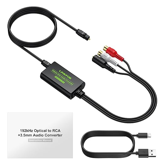 LiNKFOR 192kHz DAC Converter Digital to Analog Converter Digital Optical SPDIF Toslink to Analog Stereo Audio RCA L/R Audio Adapter with Optical Cable for HDTV (SPDIF to RCA+3.5mm Converter)
