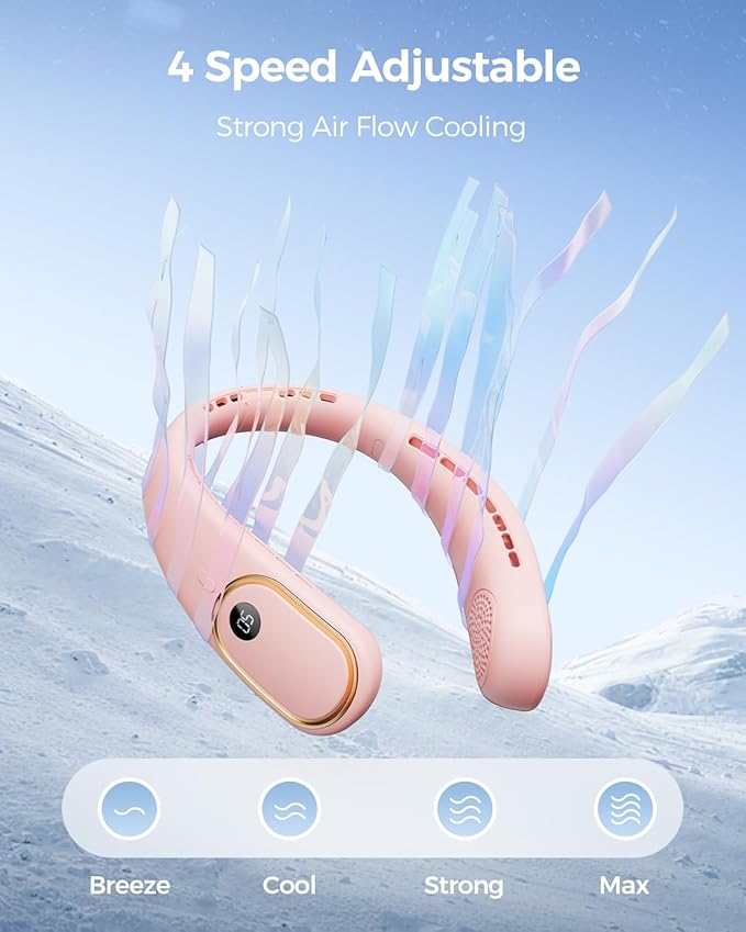 SHEWIND Portable Neck Fan - Hands Free Personal Fan, Rechargeable Bladeless Fan with 5000mAh-Battery, Digital Display, 4 Speeds, Birthday Gifts for Men, Women, Mom, and Dad - Pink
